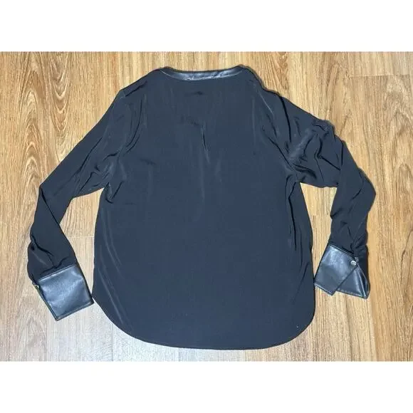 Michael Kors Black Blouse Faux Leather Neckline & Button Cuffs - Women's M - Picture 2 of 7